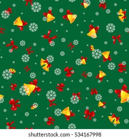 texture of golden Christmas decoration bluebell with cartoon red bow, jingle bells seamless pattern foe winter holiday vector illustration, xmas background