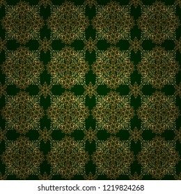 The texture of golden elements on green background. Vector golden seamless pattern.