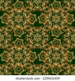 The texture of golden elements on green background. Vector golden seamless pattern.