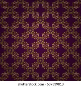 The texture of golden elements on purple background. Vector seamless pattern.