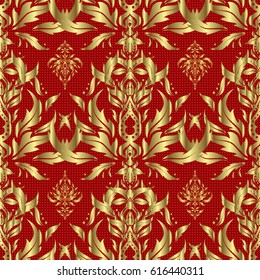 The texture of golden elements on red background. Vector golden seamless pattern.