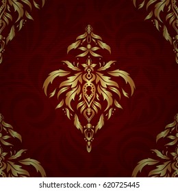 The texture of golden elements on red background. Vector golden seamless pattern.