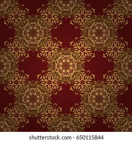The texture of golden elements on red background. Vector golden seamless pattern.