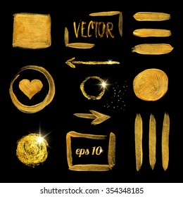 texture golden strokes, stains, splashes, stripes, circles, squares, arrows, heart. set of vector space for the inscription
