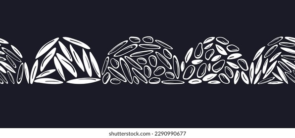 Texturkörner Muster. Vektorweiße Samen, die auf schwarzem Hintergrund wiederholt werden. Abstrakte, einfarbige grafische Gestaltung. Asiatische Lebensmittel, veganische Milch, glutenfreies Mehl