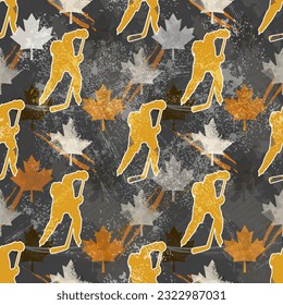 Texture in gray and yellow colors. Hockey seamless pattern. Hockey player in motion and maple leaf. Vector illustration.