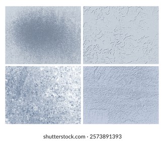 Texture of gray-blue concrete wall. Set of four in grainy, scratched and rough surface. Gypsum, cement, lime or granite. Grunge style. Abstract and monochrome background. Vector illustration.