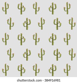 Texture, green cactus on a light blue background, red flowers. Design element, design packaging, Wallpaper, vector