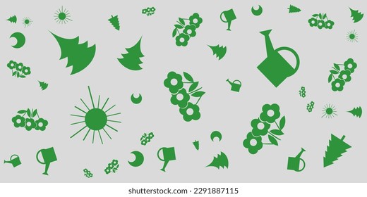Textur von grünen Blumen, Bäumen, Wasserkanister und Sonnen - Muster auf grauem Hintergrund - Saisonale Bildschirmhintergründe, Vorlage für das Web im Bearbeitbaren Vektorformat