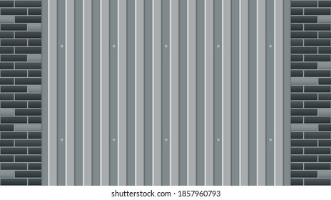 Texture of grey and black bricks and galvanized iron sheets. Vector seamless pattern of wavy slate and brick wall. Colored seamless vector texture background. Metal roof, metal siding, brickwork.