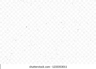 Texture grunge chaotic random pattern on transparent background. Monochrome abstract dusty worn scuffed background. Spotted noisy backdrop. Vector.