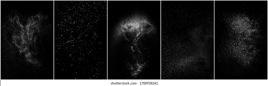 Texture grunge overlay noise grain dust set collection vector. Black white abstract background distressed vintage effect pattern. Grainy gritty particle speckle rough dirty vertical panel design element