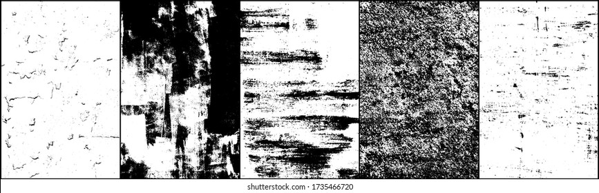 Texture grunge overlay set collection background vector abstract design. Distressed vintage black white pattern effect brush paint stroke. Bundle element pack