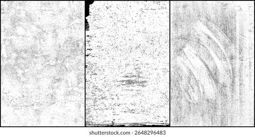 Texture grunge set collection white background overlay distressed vintage abstract pattern surface. Three different rough dirty aged weathered scratched design element. Artistic retro effect template