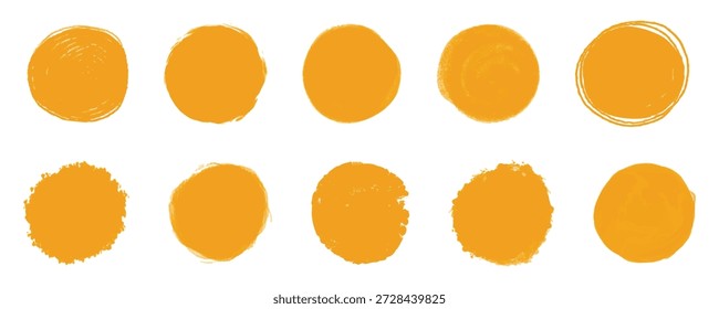 Texture grunge yellow brush sun set. Hand drawn rough circles. Abstract watercolor crayon round stamp paint shape. Ink brush stroke. Badge background Japanese sun elements. Vector illustration.