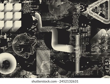 texture. Halftone dots .Futuristic background . Glitched shapes with dots and lines .Screen print  pattern texture