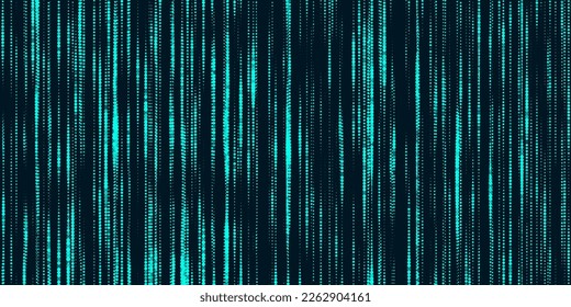 Texture of halftone slim dot lines. Abstract background, matrix or binary code. Particle infinity pattern. Visualization of big data. Broken glitch screen. Vector illustration.