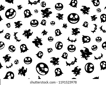 Texture Halloween Black White. ghost, pumpkin, witch, bat. pattern repeated seamless