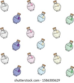Texture with hand-drawn colored bottles with different potions. Vector background