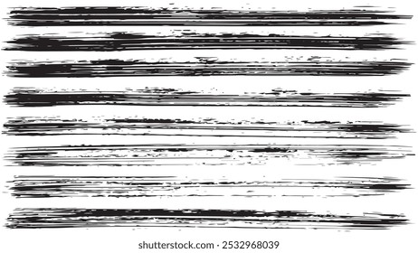 Textura com traçados de pincel seco horizontal, plano de fundo com listras grunge largas, pincel e traçados de tinta preta abstratos, plano de fundo padrão de listras, traçados longos retangulares pretos desenhados com pincel largo