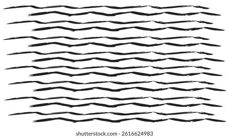 Texture with horizontal wavy dry brush strokes, background with wide grunge stripes, abstract black brush and strokes, striped wave pattern, black rectangular long strokes painted with wide brush