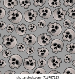 Texture of human skull isolated on grey background. Sketch for card, seamless texture for wrapping paper on theme of holiday of evil spirit Halloween, Dia de Los Muertos. Cartoon vector close-up.