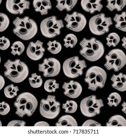 Texture of human skull isolated on black background. Sketch for card, seamless texture for wrapping paper on theme of holiday of evil spirit Halloween, Dia de Los Muertos. Cartoon vector close-up.