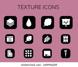 texture icon set. 12 filled texture icons. Included Layers, Binary code, Pattern, Blur, Cotton candy, Cutting board, Blackboard, Football field, Wooden leg icons