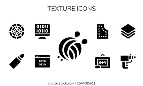 texture icon set. 9 filled texture icons. Included Yarn ball, Binary code, Lipstick, Stained glass, Particle gun, Layers, Blackboard, Pattern icons
