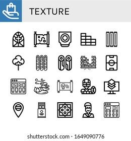conjunto de iconos de textura. Colección de maniquí con cuidado, ventana de vidrio manchado, mapa del tesoro, trackball, pared de ladrillo, palillo, textil, barquillo, madera, ladrillo, campo de fútbol, iconos de azulejos