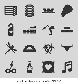 Texture icons set. set of 16 texture filled icons such as bull skull, wooden wall, brick wall, pillow with heart on it, maple syrup, heart tag, knee hammer reaction check
