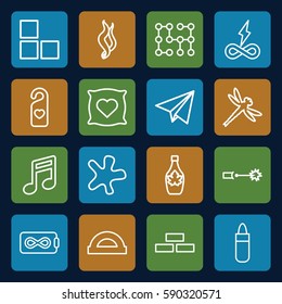 texture icons set. Set of 16 texture outline icons such as brick wall, pillow with heart on it, lipstick, splash, maple syrup, heart tag, smoke, paper plane, electric circuit