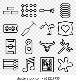 Texture icons set. set of 16 texture outline icons such as bull skull, wooden wall, brick wall, pillow with heart on it, splash, heart tag, knee hammer reaction check