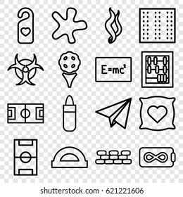 Texture icons set. set of 16 texture outline icons such as field, pillow with heart on it, lipstick, splash, heart tag, smoke, paper plane, hazzard, brick wall, football pitch