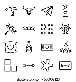 Texture icons set. set of 16 texture outline icons such as bull skull, brick wall, pillow with heart on it, splash, maple syrup, heart tag, knee hammer reaction check