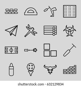 Texture icons set. set of 16 texture outline icons such as bull skull, field, brick wall, wooden wall, lipstick, knee hammer reaction check, medical hammer, paper plane