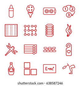Texture icons set. set of 16 texture outline icons such as field, brick wall, wooden wall, lipstick, maple syrup, heart tag, knee hammer reaction check, smoke, 1 2 3