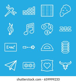 Texture icons set. set of 16 texture outline icons such as bull skull, field, pillow with heart on it, smoke, 1 2 3, paper plane, brick wall, electric circuit, dragonfly