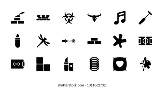 Texture icons. set of 18 editable filled texture icons: bull skull, brick wall, lipstick, splash, note, medical hammer, electric circuit, dragonfly, hazzard