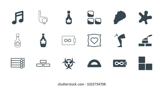 Texture icons. set of 18 editable filled and outline texture icons: brick wall, splash, protractor, note, maple syrup, endless battery, smoke, hazzard, wooden wall