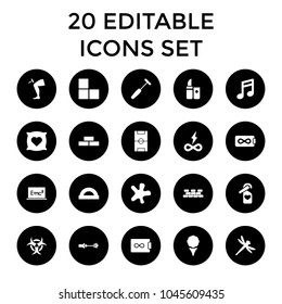 Texture icons. set of 20 editable filled texture icons such as brick wall, pillow with heart on it, splash, protractor, note. best quality texture elements in trendy style.