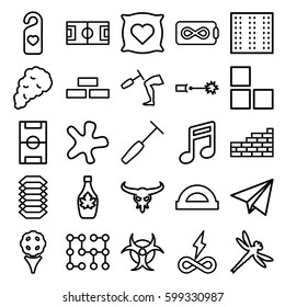 texture icons set. Set of 25 texture outline icons such as bull skull, field, brick wall, pillow with heart on it, splash, maple syrup, heart tag, knee hammer reaction check
