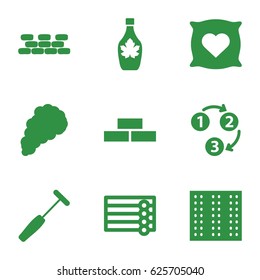 Texture icons set. set of 9 texture filled icons such as field, wooden wall, brick wall, pillow with heart on it, maple syrup, medical hammer, smoke