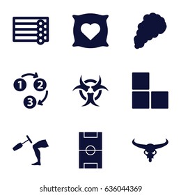 Texture icons set. set of 9 texture filled icons such as bull skull, brick wall, wooden wall, pillow with heart on it, knee hammer reaction check, smoke, football pitch, 1 2 3