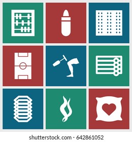 Texture icons set. set of 9 texture filled icons such as field, wooden wall, pillow with heart on it, lipstick, knee hammer reaction check, smoke, football pitch