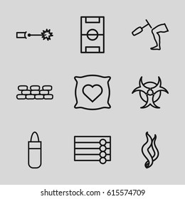 Texture icons set. set of 9 texture outline icons such as wooden wall, pillow with heart on it, lipstick, knee hammer reaction check, smoke, electric circuit, hazzard