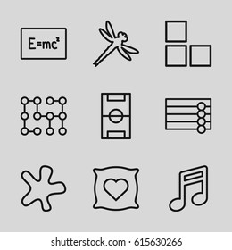 Texture icons set. set of 9 texture outline icons such as brick wall, wooden wall, pillow with heart on it, splash, electric circuit, dragonfly, football pitch, note