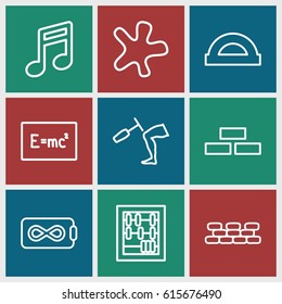 Texture icons set. set of 9 texture outline icons such as brick wall, splash, knee hammer reaction check, protractor, abacus, note, endless battery