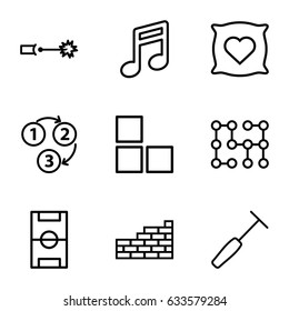 Texture icons set. set of 9 texture outline icons such as brick wall, pillow with heart on it, medical hammer, 1 2 3, electric circuit, football pitch