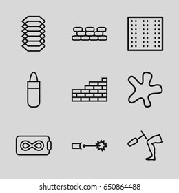 Texture icons set. set of 9 texture outline icons such as field, lipstick, splash, knee hammer reaction check, brick wall, electric circuit